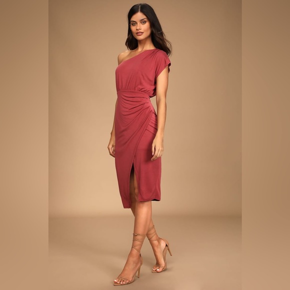 Lulu's Raise a Glass One Shoulder Midi Dress Size S Wedding Cocktail Rusty Rose - Picture 2 of 13